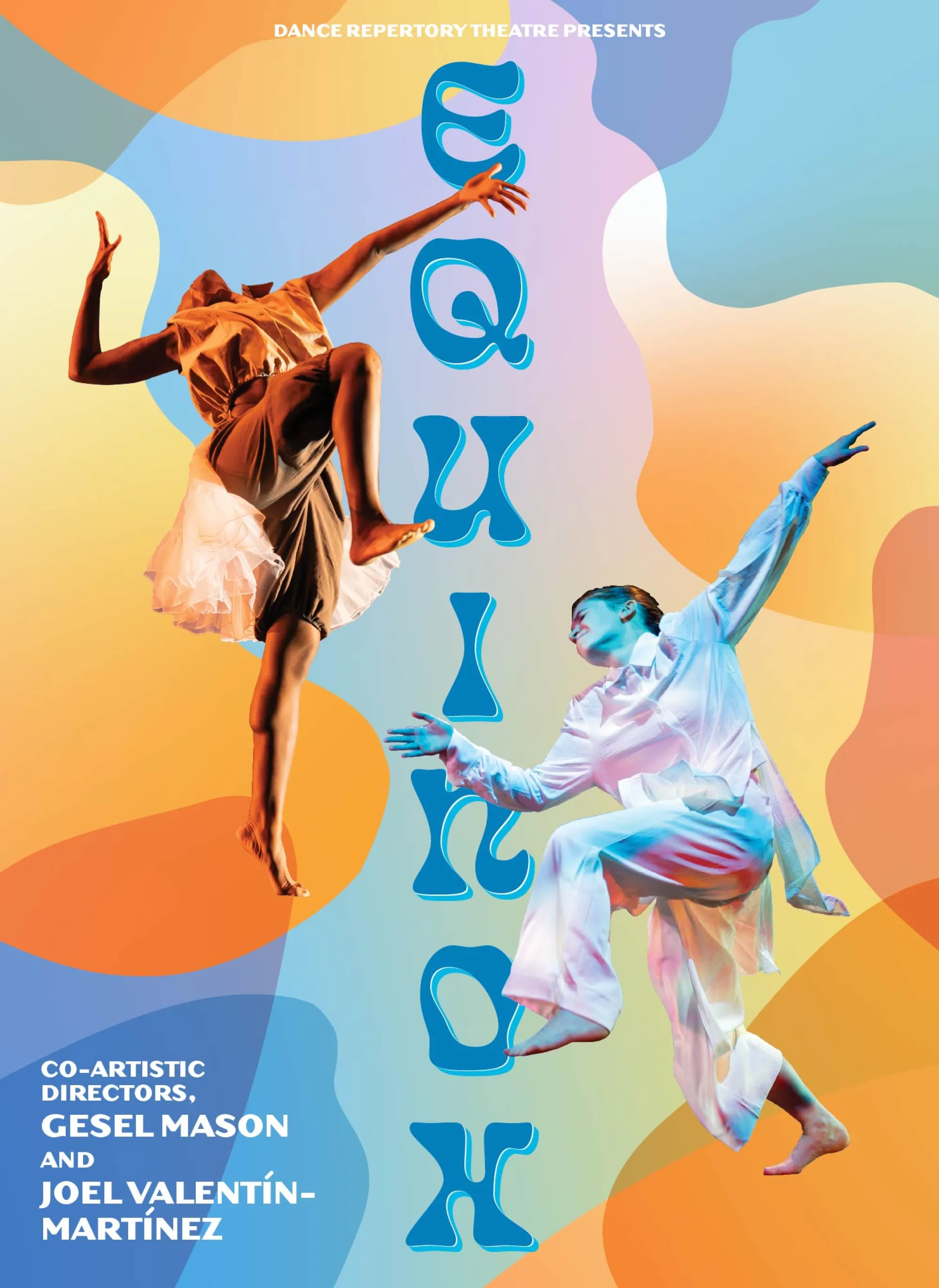 A colorful graphic for EQUINOX, featuring two dancers reaching out and up emphatically