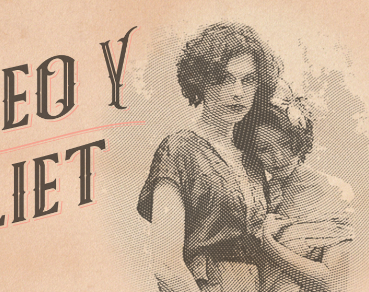 A tan poster for ROMEO Y JULIET, featuring two women embracing