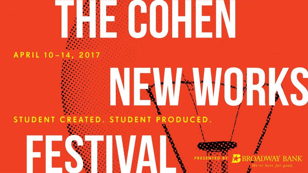 red graphic for THE COHEN NEW WORKS FESTIVAL with a lightbulb in the background