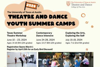Graphic for the three Theatre and Dance Youth Summer Camps, taking place in June and July
