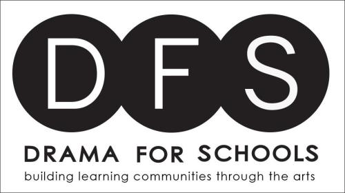 white logo with black circles containing the letters DFS in them with the words DRAMA FOR SCHOOLS underneath