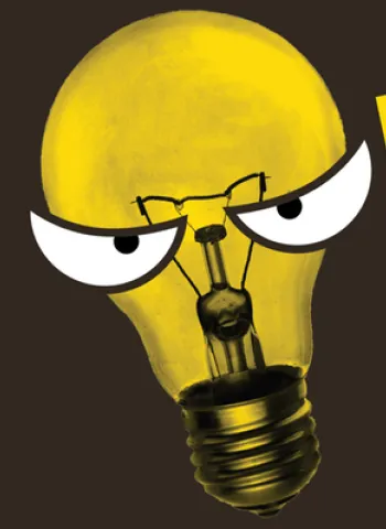 light bulb with angry eyes logo