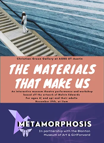 three images, one of the artwork STACKED WATERS, one with the words THE MATERIALS THAT MAKE US and the last with the words METAMORPHOSIS