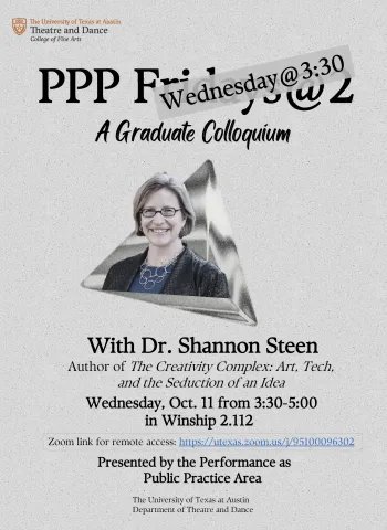 A grey-toned poster for the special Wednesday session of PPP's Fridays@2 speaker series featuring Dr. Shannon Steen