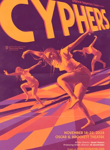 A purple, orange and yellow graphic for CYPHERS, featuring three figures dancing on a circle of multi-colored tiles