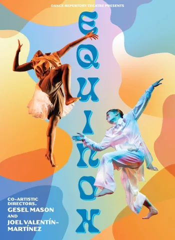 A colorful graphic for EQUINOX, featuring two dancers reaching out and up emphatically