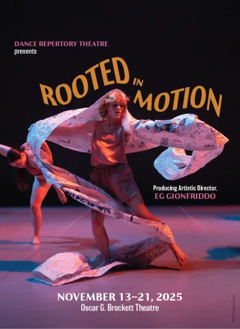 A graphic for ROOTED IN MOTION featuring a dance with their arms spread out and a large paper with sketches and writing draped over their shoulders