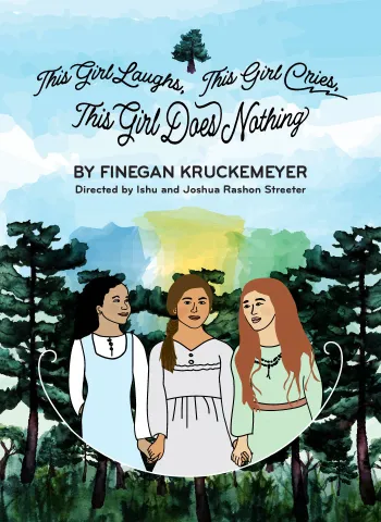 An illustration of three sisters holding hands, with a forest and a blue, watercolor sky behind them