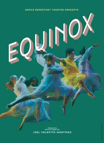 A green background with dancers in flowy costumes leaping under the text 'EQUINOX'