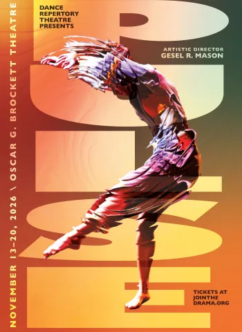 An orange background with a moving dancer on top of the text 'PULSE' spelled vertically