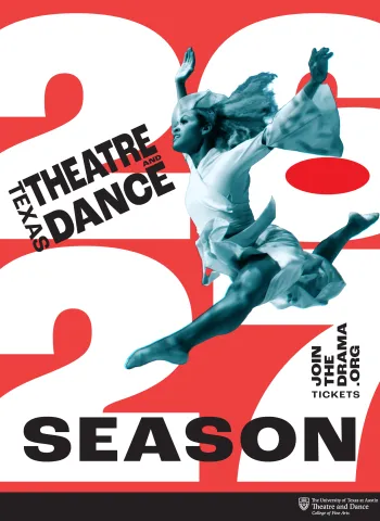 A red and white graphic for the Texas Theatre and Dance 2026 2027 season with a dancer leaping across the center