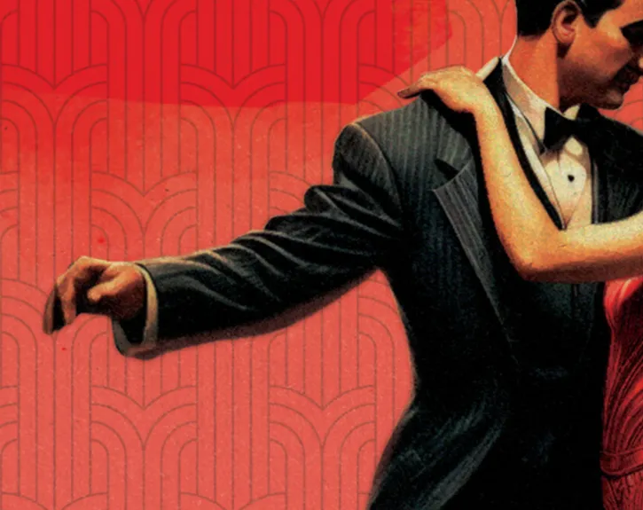 Red art deco inspired poster with a close crop on two dark haired dancers tangoing 