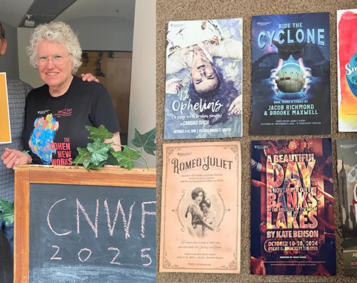 Photo of Chip and Alice Gentry holding a Cohen bingo card with almost all of the shows crosssed off