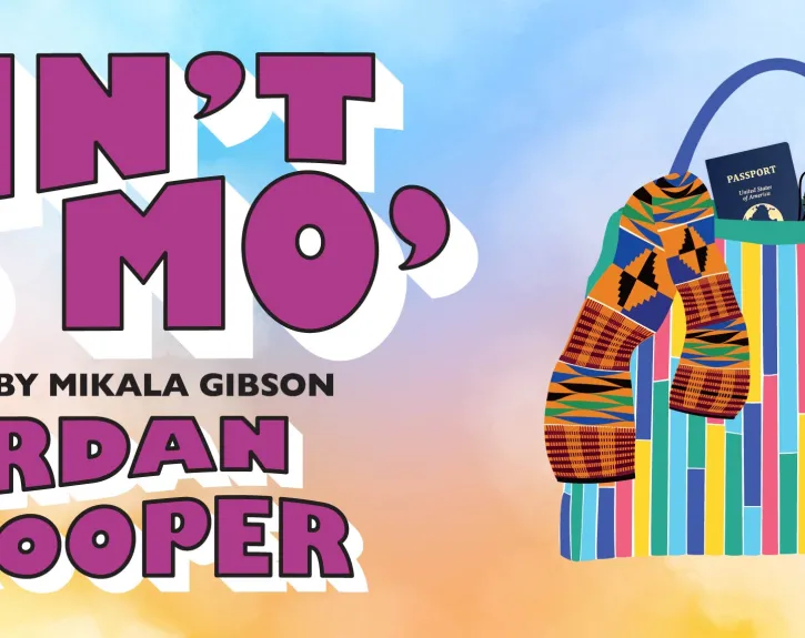 Graphic for AIN'T NO MO', featuring a colorful bag with items spilling out of it and an airplane flying through a sunset sky