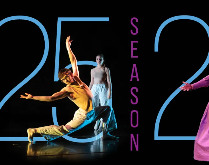 A black, purple and light blue graphic for Texas Theatre and Dance's 25/26 Season, featuring two dancers in warm light and an actor in a purple dress