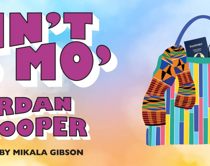 Graphic for AIN'T NO MO', featuring a colorful bag with items spilling out of it and an airplane flying through a sunset sky