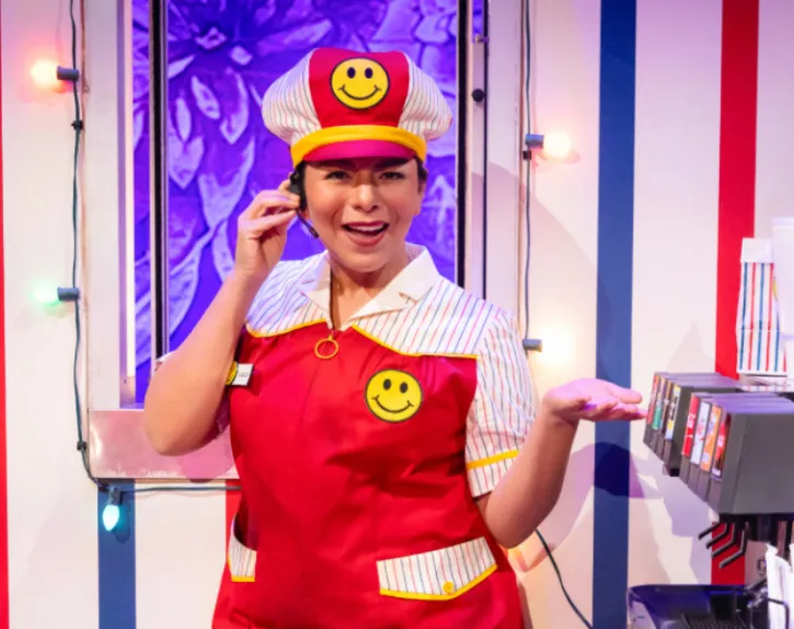 photo of a woman in a red fasts food uniform