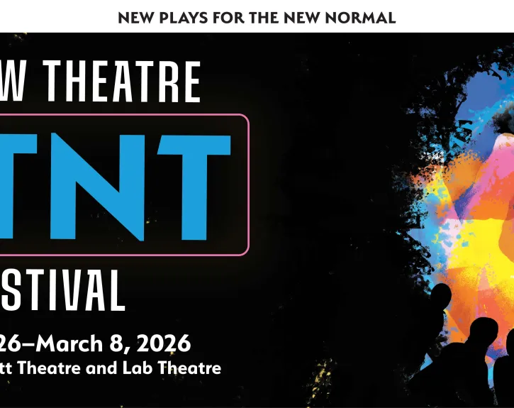 UTNT (UT New Theatre) graphic featuring a colorful, vortex-like visual element with human silhouettes in front of it