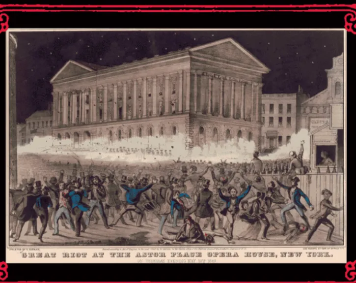 A drawing of Great Riot at the Astor Place Opera House, New York, on May 10, 1849.