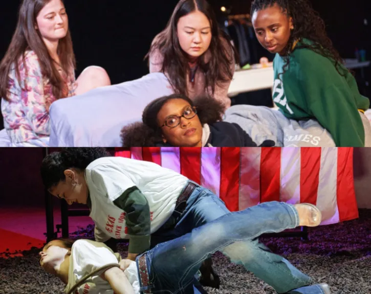 Two cast photographs of four girls sitting on a bed and two girls fighting in a dirt arena