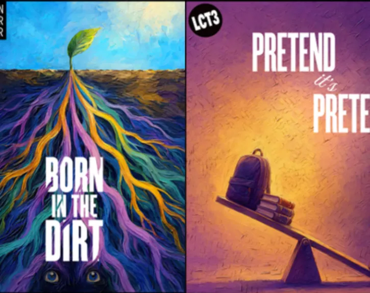 Two show posters, one with colorful roots and the other with a playground seesaw.