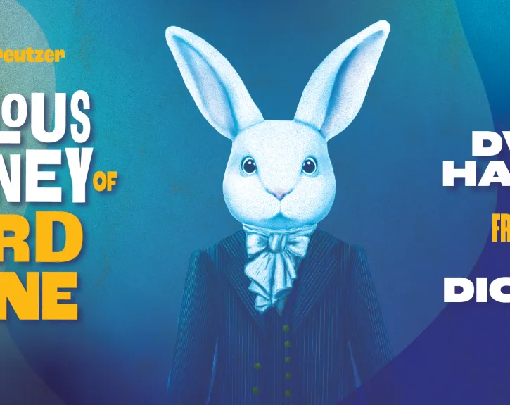 A graphic illustration of a white rabbit wearing a suit