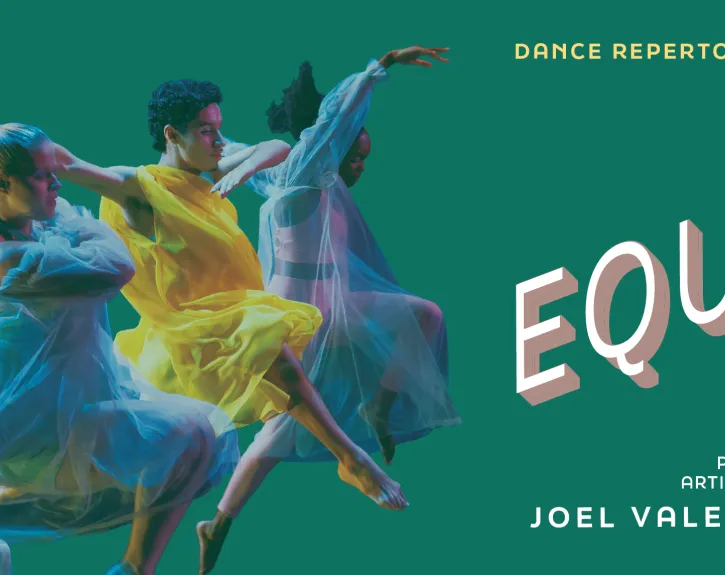 A green background with dancers in flowy costumes leaping next to the text 'EQUINOX'