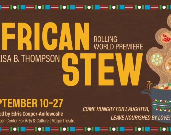A graphic poster of a brown background with the text 'African Stew' overlayed in yellow