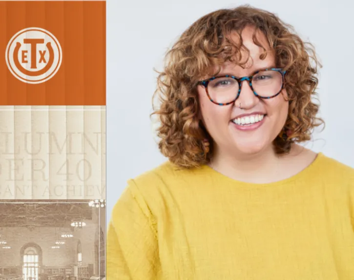 A woman with curly hair and bangs, wearing glasses and a yellow shirt, smiles.