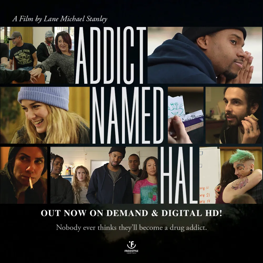Graphic for ADDICT NAMED HAL, including multiple production stills showing the community within this ensemble of characters