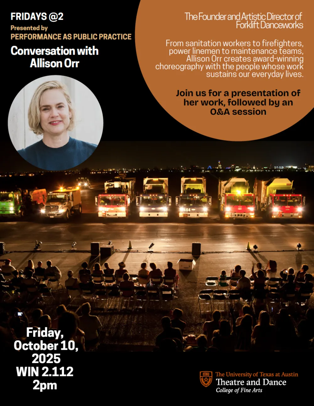 A graphic for PPP's Fridays@2: A Conversation with Allison Orr, featuring a photo of her choreography