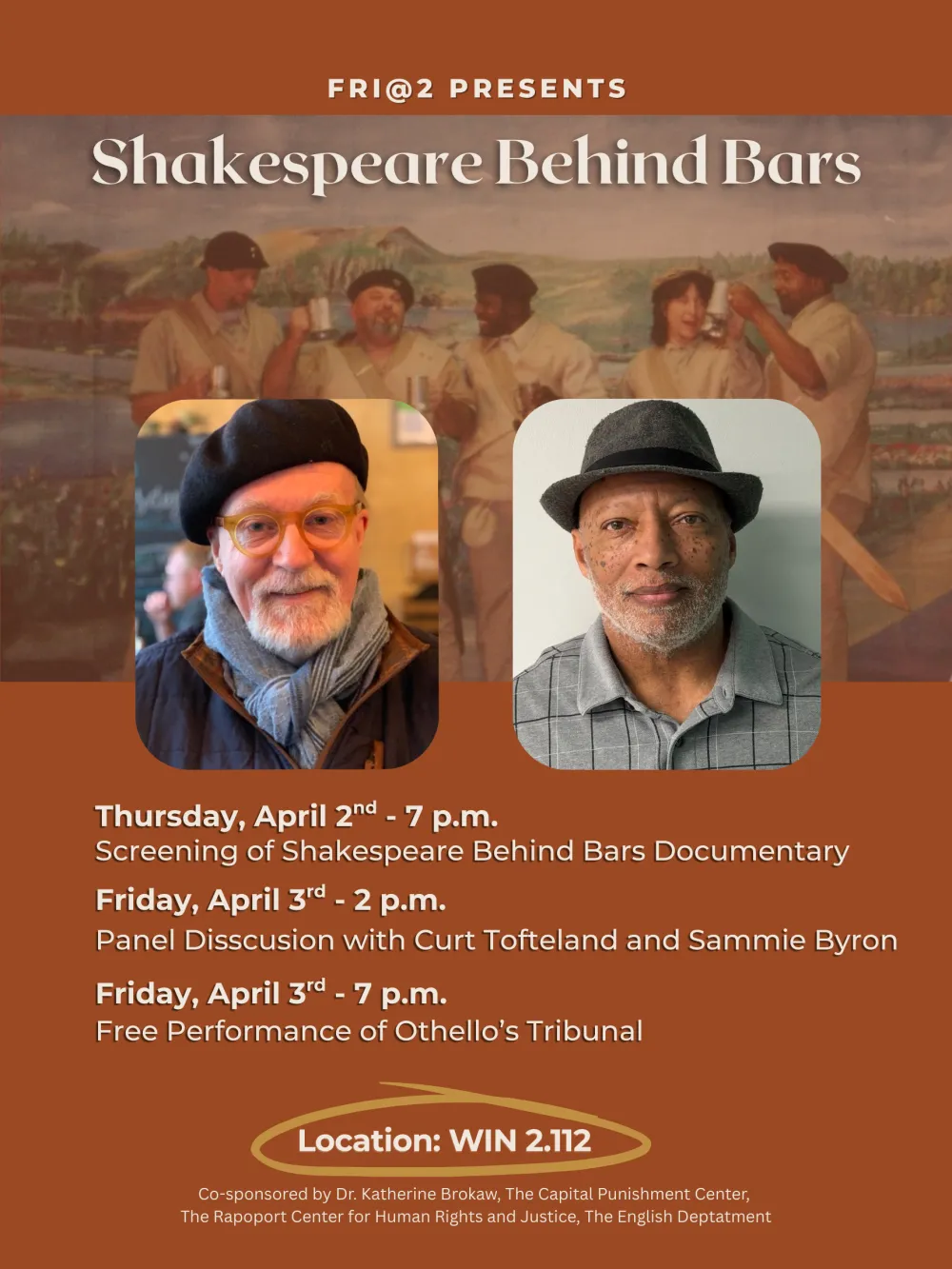 Graphic for the PPP Fri@2 discussion and documentary screening with the founder and founding member of Shakespeare Behind Bars