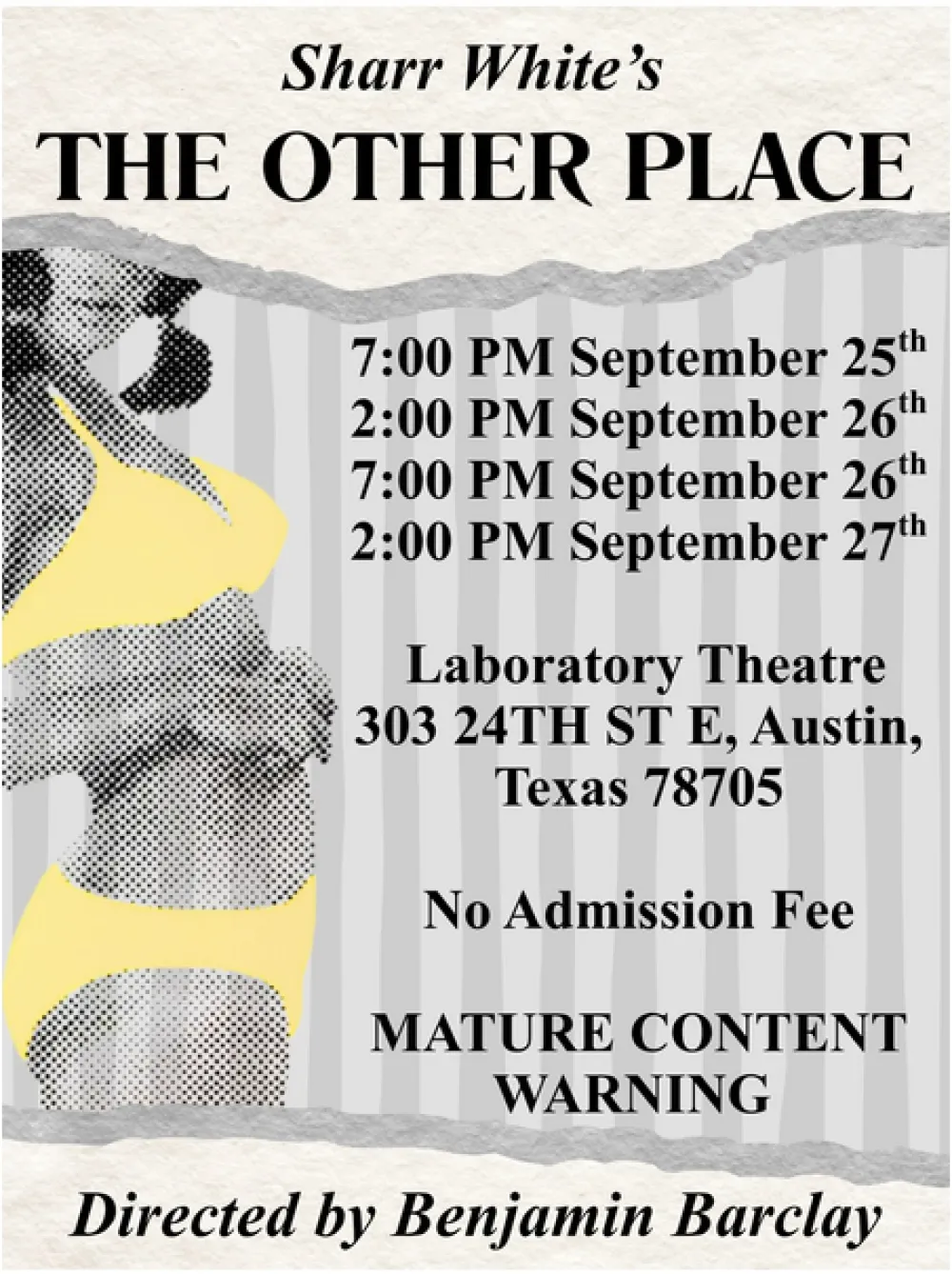 A poster for Sharr White's The Other Place, including dates and times, a mature content warning, and notice of no admission fee