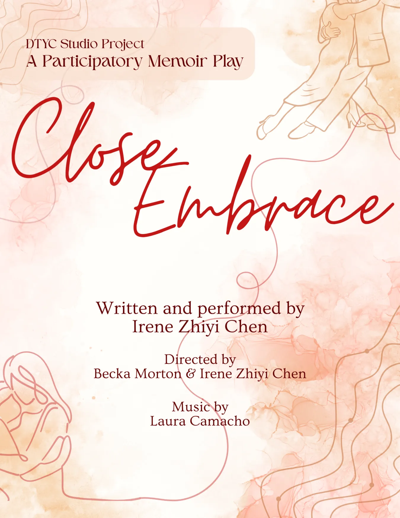 A poster for Close Embrace, written and performed by Irene Zhiyi Chen