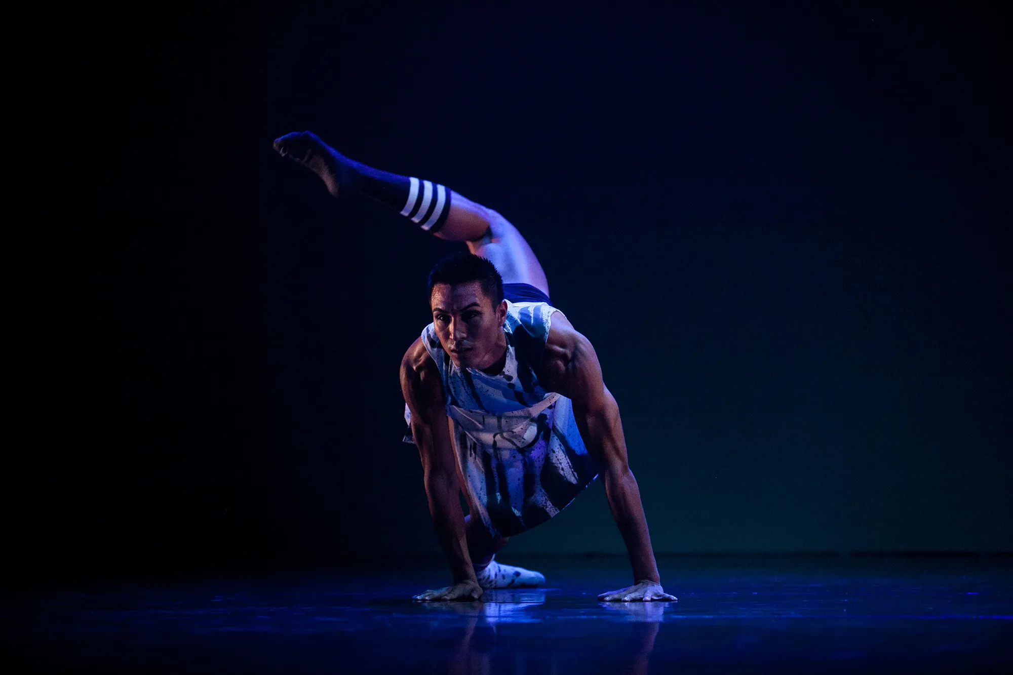 "Seen But Not Heard" by Hunter Sturgis, performed in "Fall for Dance"; Photo: Lawrence Peart man lifting leg above head