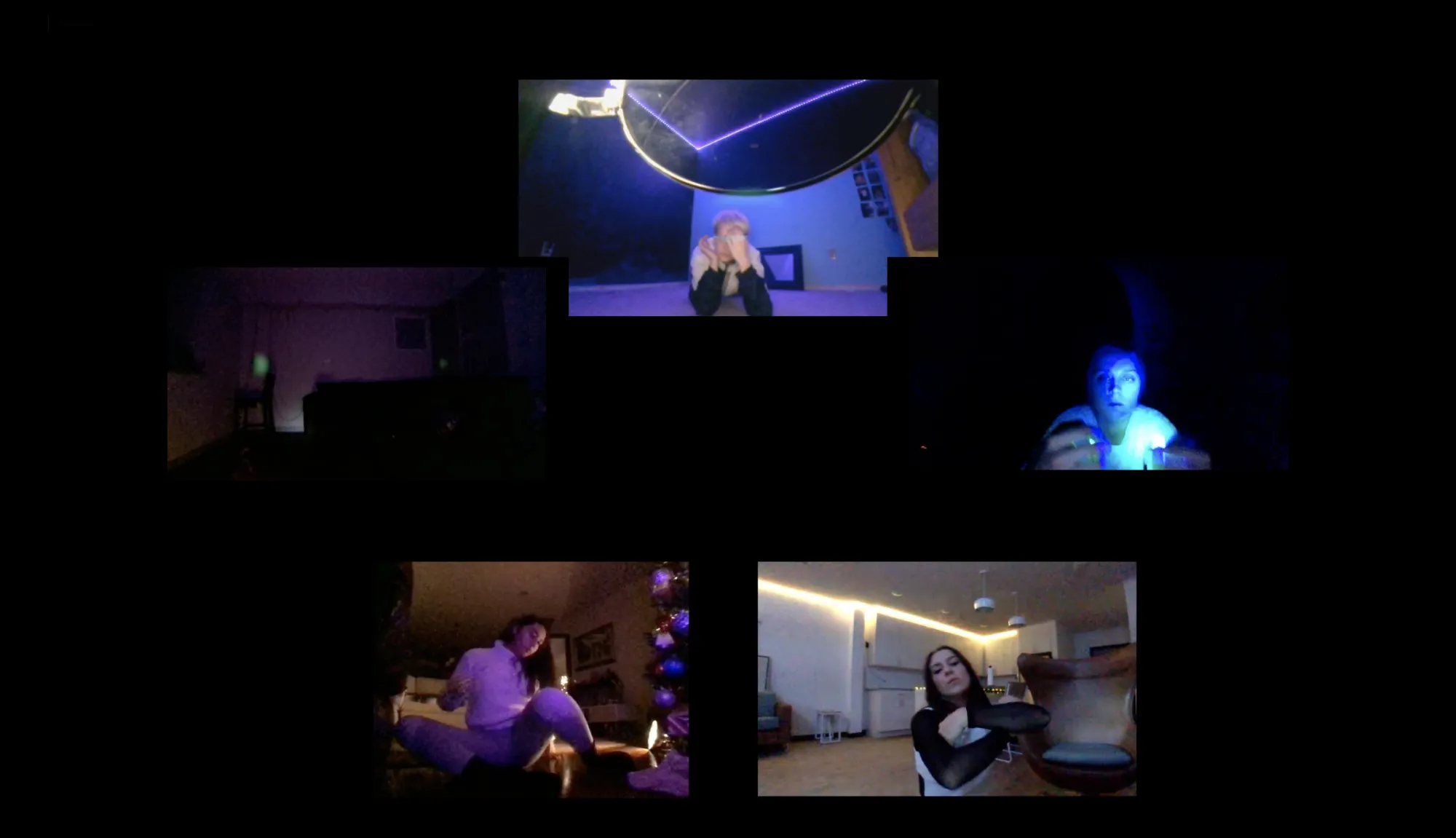 five dancers move within their own streaming windows, which form a circle on a black screen