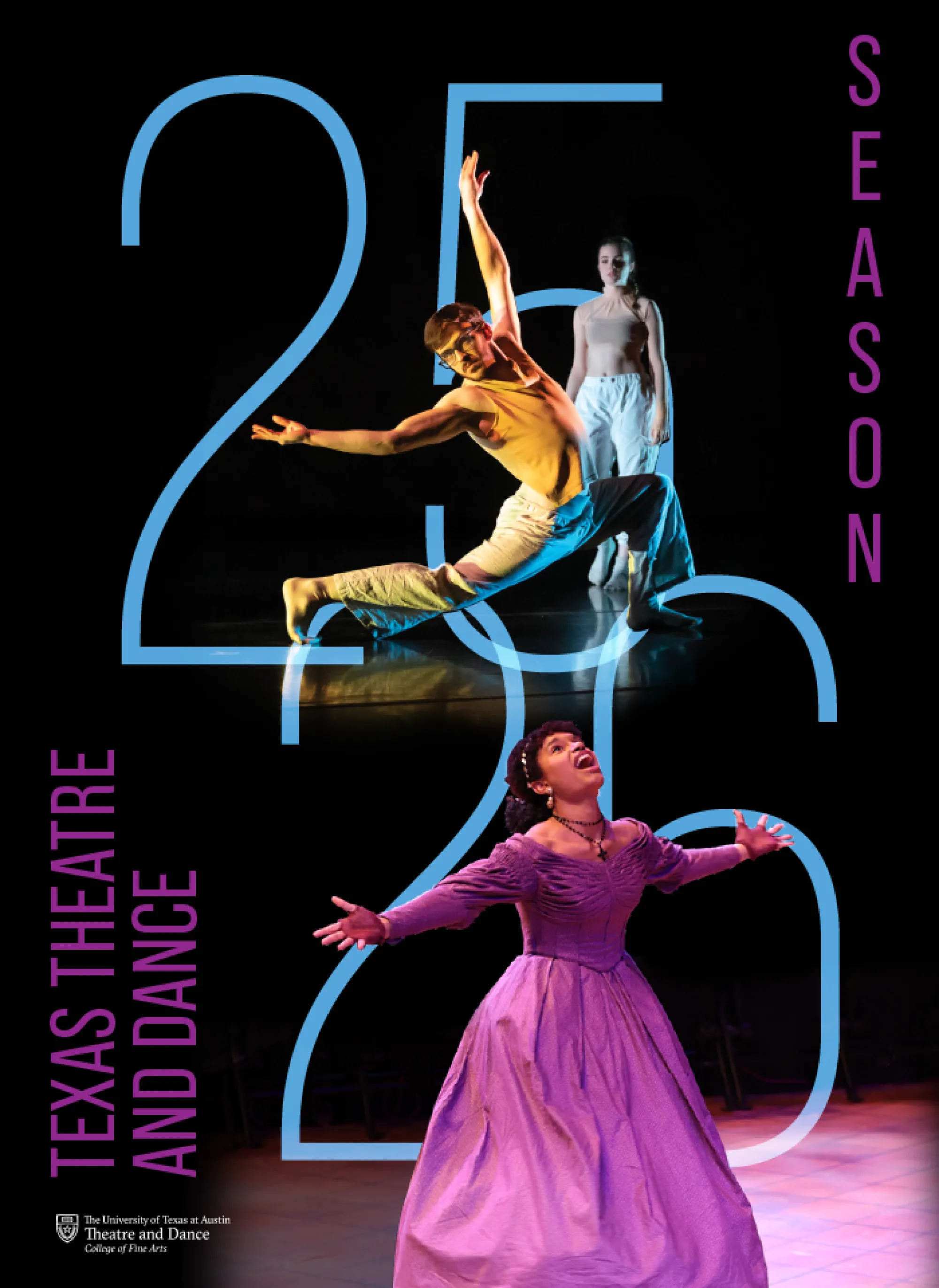 A black, purple and light blue graphic for Texas Theatre and Dance's 25/26 Season, featuring two dancers in warm light and an actor in a purple dress