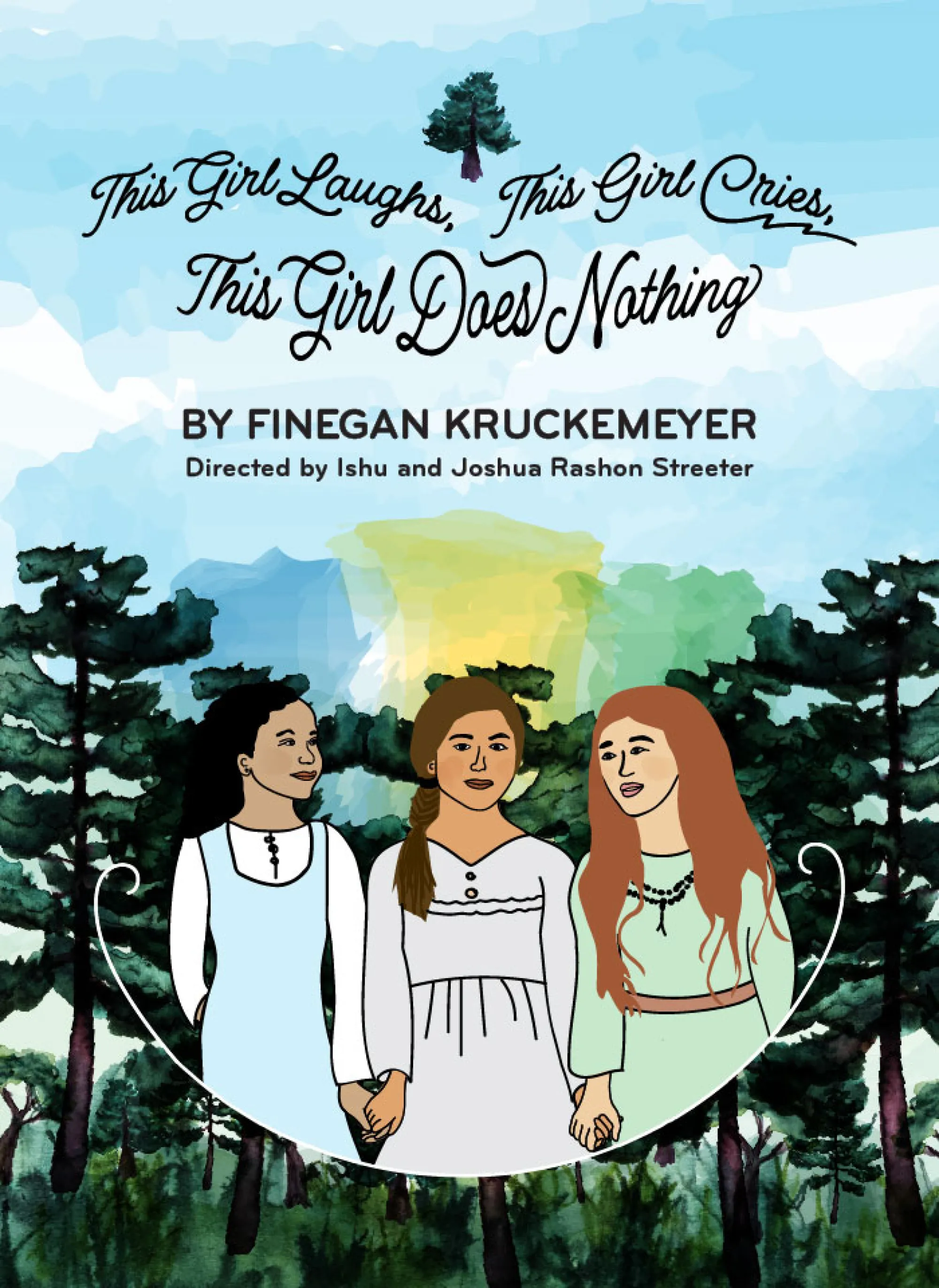 An illustration of three sisters holding hands, with a forest and a blue, watercolor sky behind them