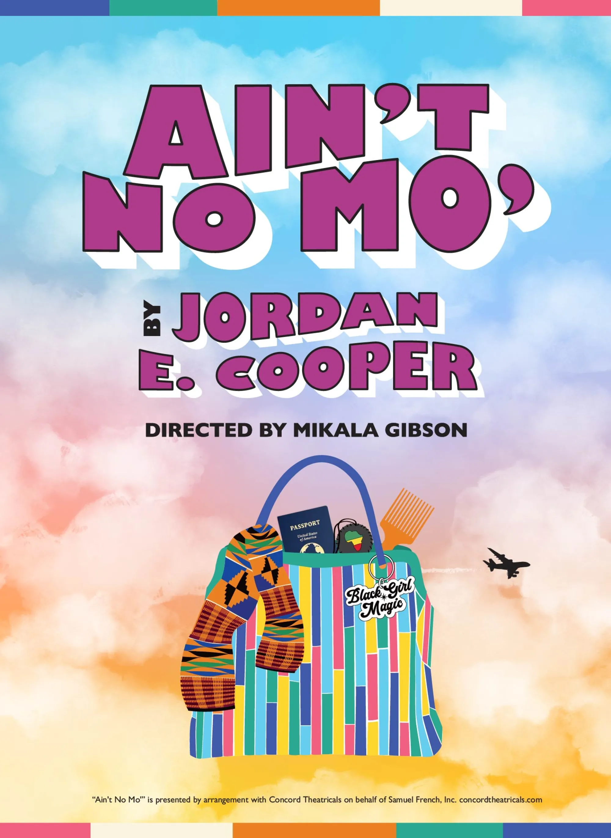 Graphic for AIN'T NO MO', featuring a colorful bag with items spilling out of it and an airplane flying through a sunset sky