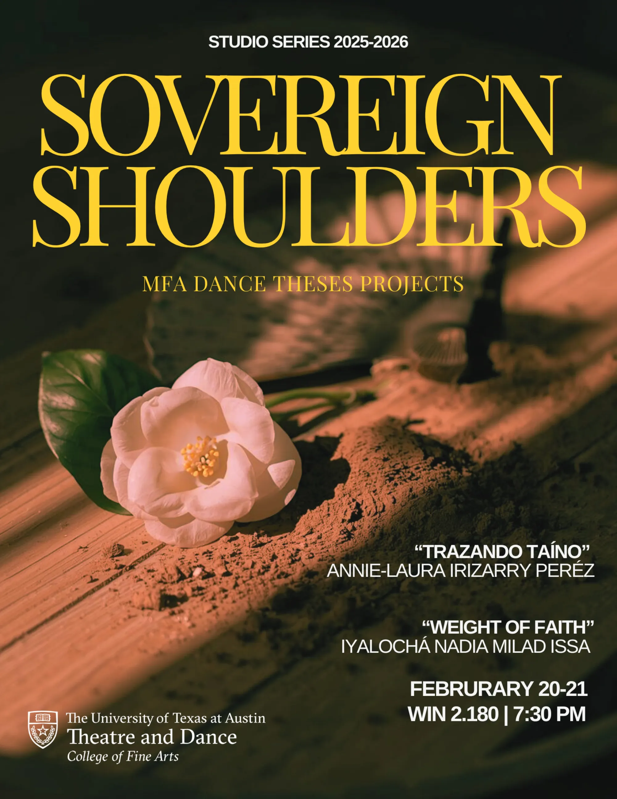 Graphic for SOVEREIGN SHOULDERS, featuring a flower and a fan positioned on a wooden floor