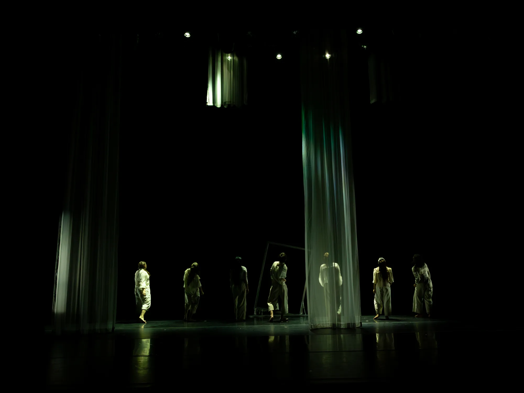 A group of dancers stand behind a descending curtain