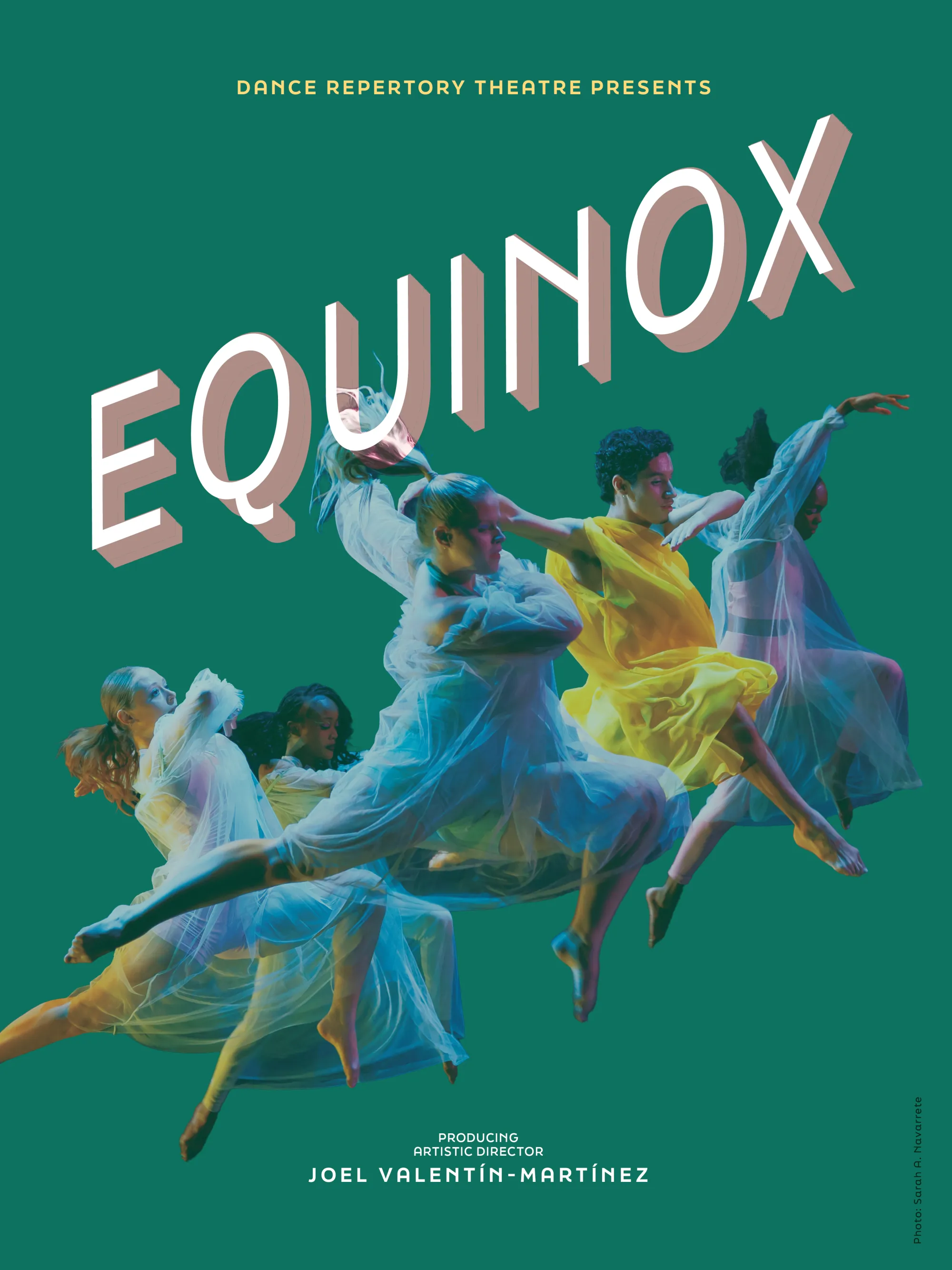 A green background with dancers in flowy costumes leaping under the text 'EQUINOX'