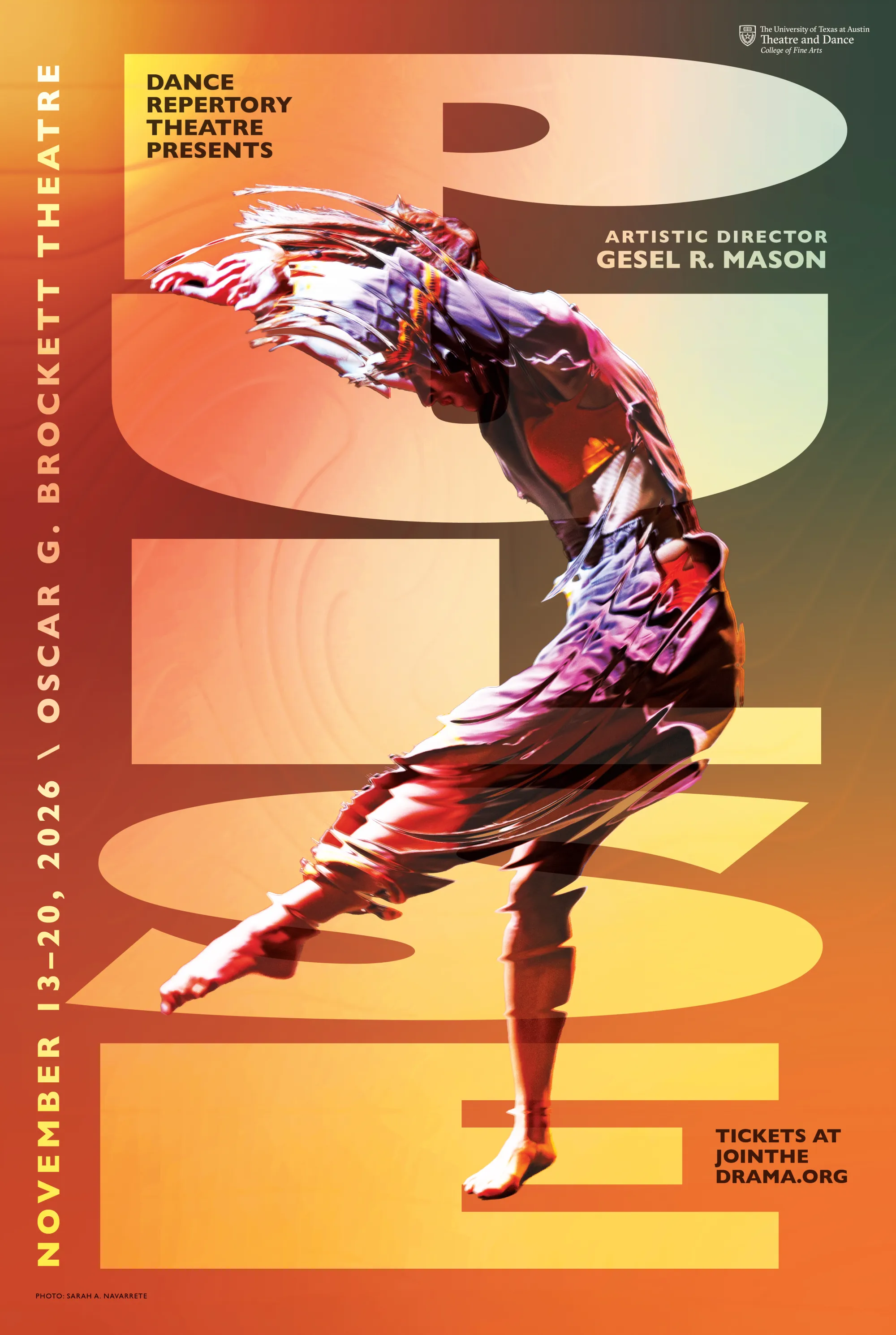 An orange background with a moving dancer on top of the text 'PULSE' spelled vertically