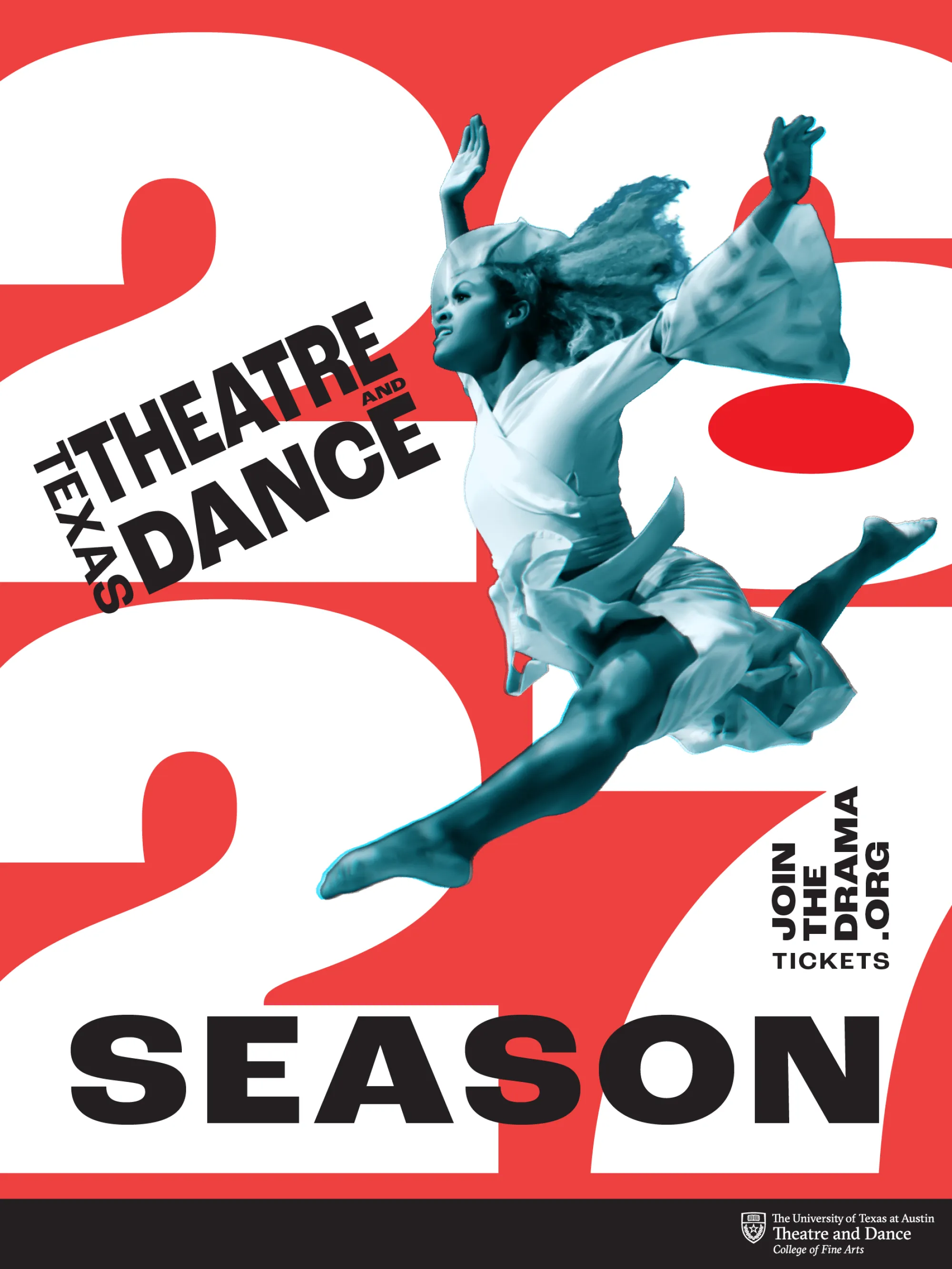 A red and white graphic for the Texas Theatre and Dance 2026 2027 season with a dancer leaping across the center