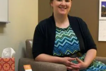 woman in chevron patterned dress