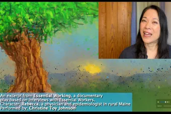 woman with long black hair acting in a Zoom window layered over an artistic background of a tree