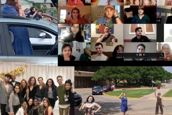 mosaic of graduation celebrations: grad waving from their car, a Zoom meeting, dance class of 2020 posing and DTYC social distance meet-up