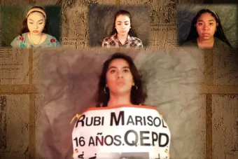 four women act remotely in different video windows with faded "missing person" posters in the background