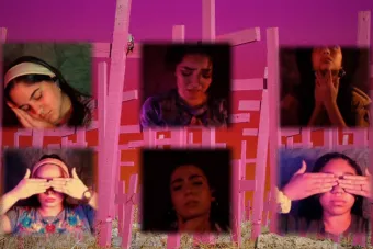 six actresses perform remotely, layered over an image of pink crosses