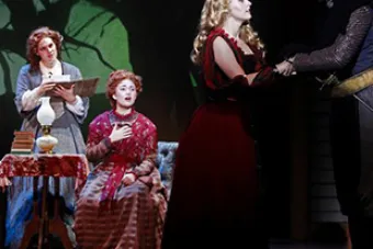 woman with knight and people singing in background